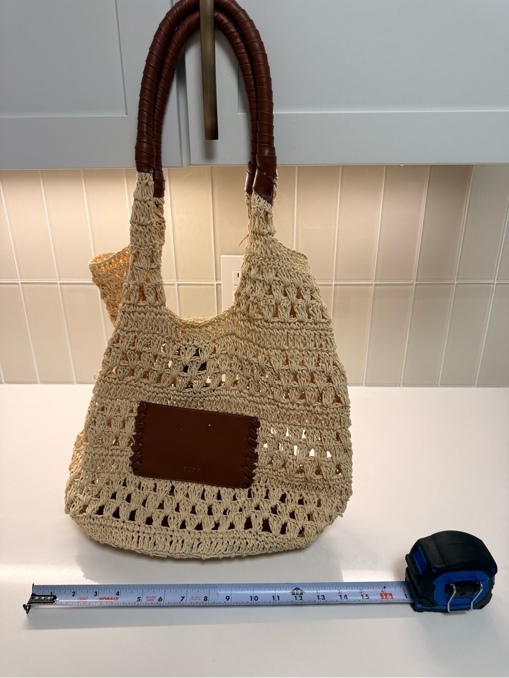 BCBG Cream Crochet Tote with Brown Wrapped Handles